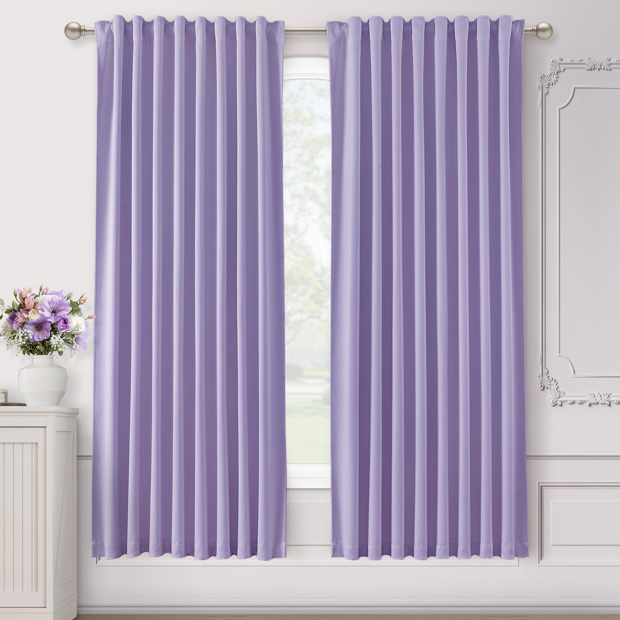 SHINELAND Lavender Blackout Boho Curtains 72 Inches Long for Bedroom Living Room,Back Tab Light Heat Blocking Thermal Insulated Room Darkening Black Out Curtains