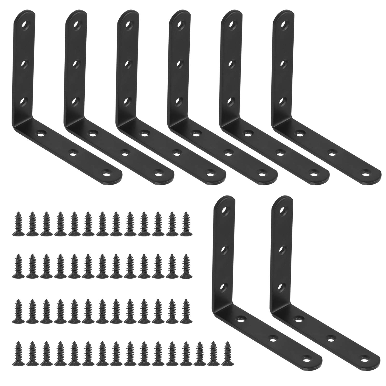 Glarks 63pcs 100 x 100 x 3mm Black L Bracket Corner Braces Kit, Includes 8pcs Stainless Steel Right Angle Bracket, 55pcs M4 x 20mm Screws, L Corner Braces for Wood Furniture, Bedframe, Cabinet