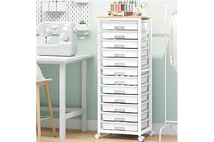 SYKIARIOL Rolling Cart with Drawers,12 Drawer Rolling Cart,Rolling storage cart with drawers,White Rolling Drawer Cart,Teacher Rolling Cart for Classroom Storage,Craft Cart with Wooden Tabletop