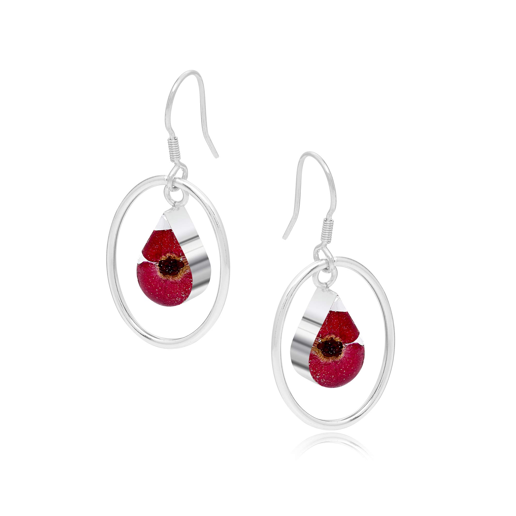 Shrieking Violet 925 Sterling Silver Teardrop Hoop Real Flower Drop Earrings - Poppy (Red)