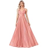 BluePlum Sexy Backless Maxi Formal Dress for Women with Sequin, Sleeveless Pleated Evening Gowns for Wedding and Cocktail