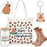 Paterr 4 Pcs Capybara Gifts for Women Mom, Capybaras Lovers Gifts for Mother's Day Birthday Decorations, with Canvas Tote Bag 16oz Glass Coffee Cup with Straw Socks Cute Keychain