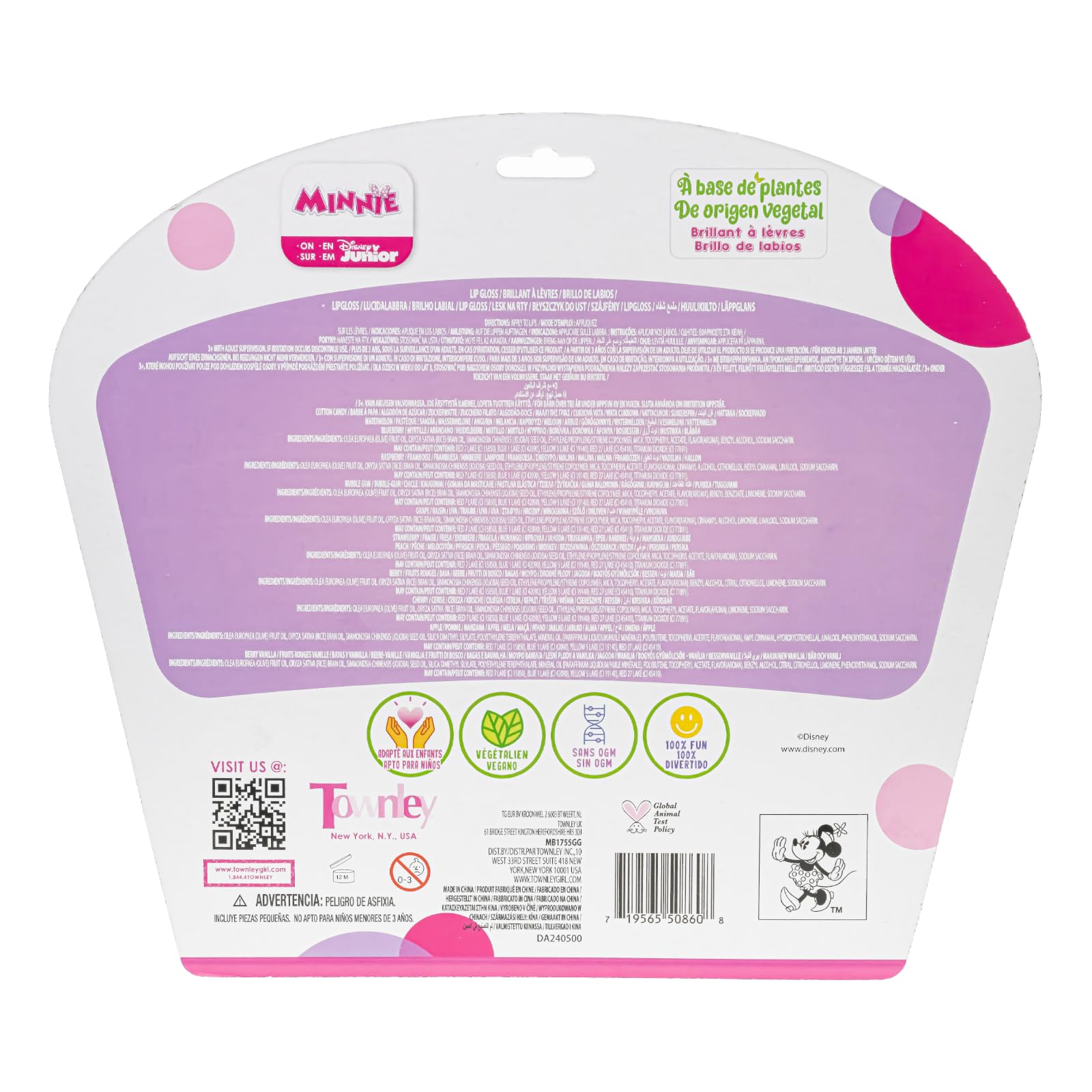 Disney Minnie Mouse 12 Piece Plant Based Lip Gloss, Girls Party Favors, First Makeup Set for Girl, Perfect for Parties, Sleepovers, and Birthday Gifts, Ages 3+, by Townley Girl