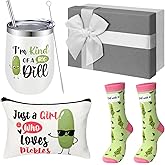 Soaoo Funny Valentines Pickle Gifts for Women Just a Girl Who Loves Pickle Gifts for Lovers Makeup Bag 12 oz Stainless Steel Tumbler Sock Present Box for Valentines' Day Birthday(Pink and White)