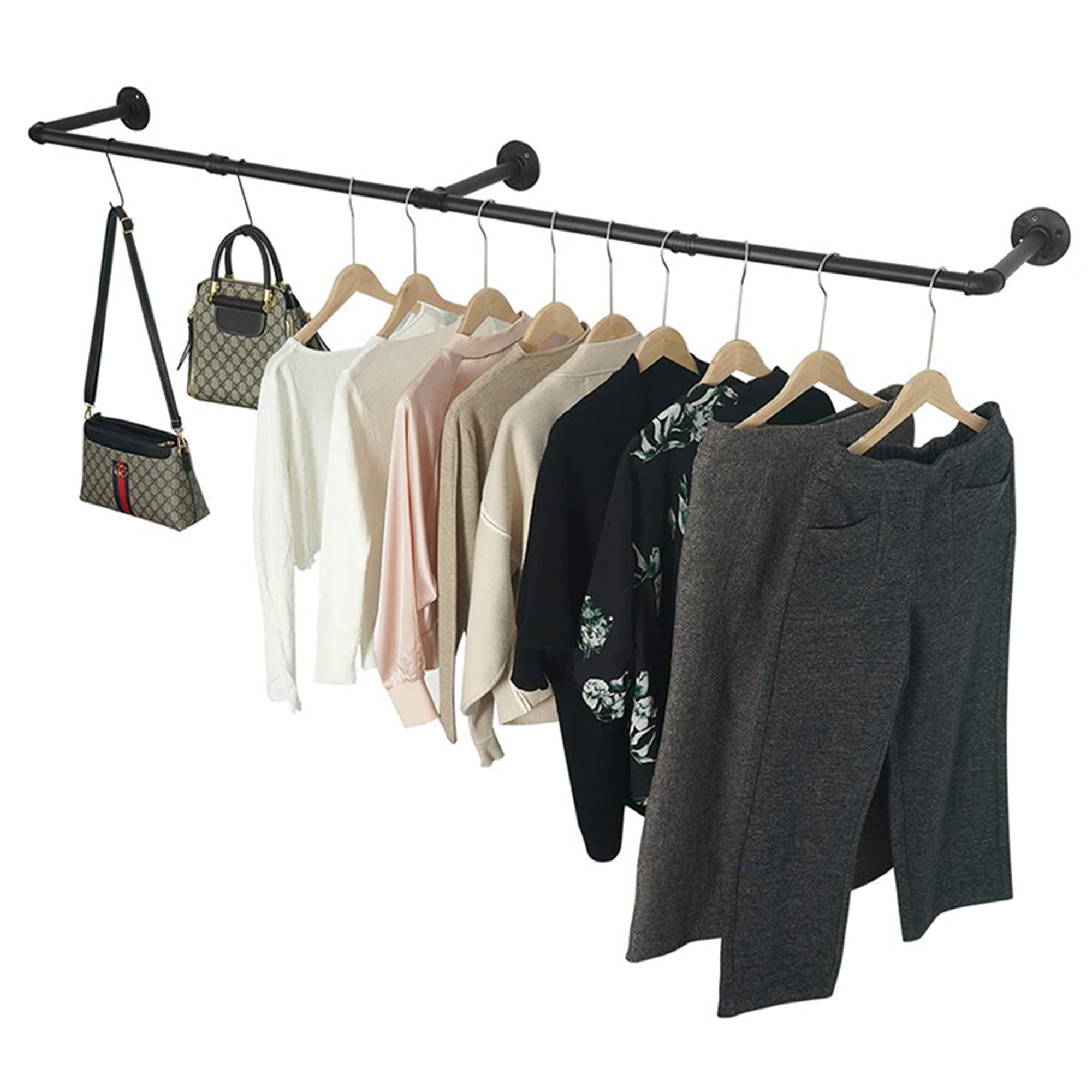 NC Industrial Pipe Style Wall Mounted Clothes Rail, Industrial Clothes Rail, Clothes Rail Style, 92 cm x 27 cm, Capacity 60 kg, Space Saving, Removable Coat Rack, (ZYJ)