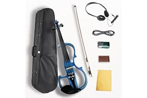 Ceciliec Electric Violin, 4/4 Full Size Silent Violin Fiddle with Ebony Fittings, Metallic Varnish Violin for Beginners Students (Metallic Blue)