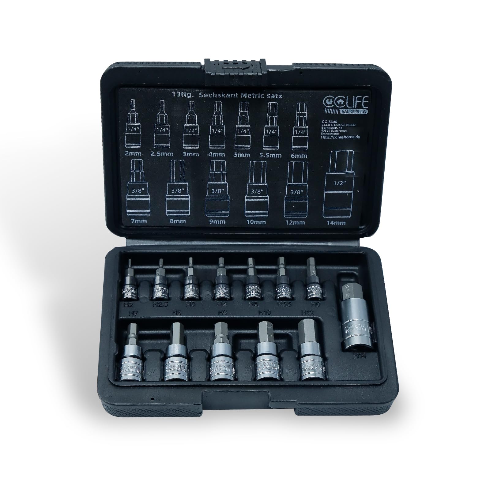 CCLIFE Metric Hex Socket Wrench Set 2-14mm for Torque Wrenches and Drills Set of 13 S2 Alloy Steel