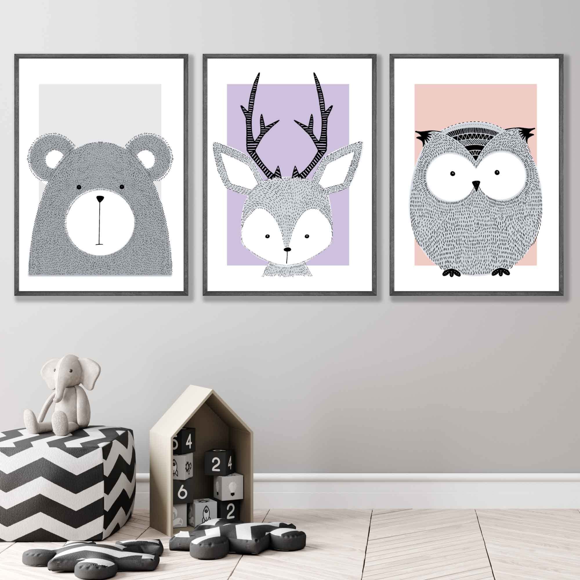 Artze Wall Art Nursery Forest Animals Art Prints 3-Piece Set, 30 cm Width x 40 cm Height, Pink/Lilac