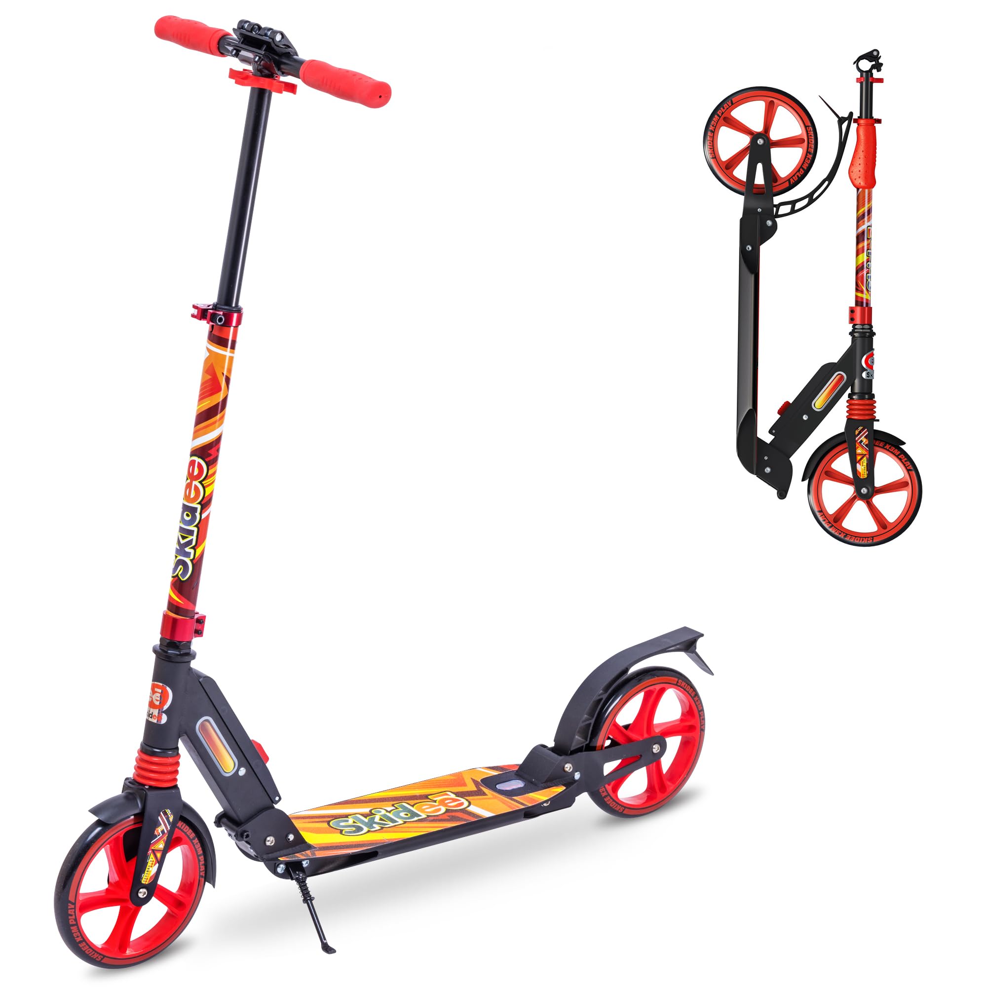 Skidee Adult & Teen Scooter Adjustable Height, Folding, Large Wheels, Lightweight, Durable, Anti-Shock Suspension, Up to 220 lbs