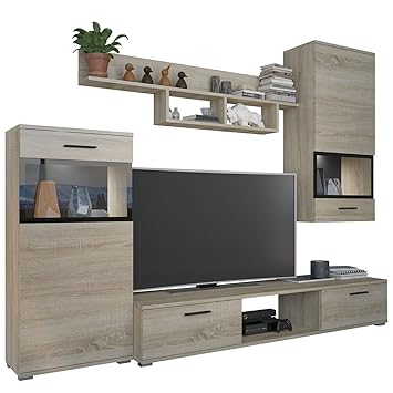 Wohnwand Twist Anbauwand Schrankwand Vitrine Mediawand Tv Lowboard Design Modernes Wohnzimmer Set Mit Weisser Led Beleuchtung San Remo Dunkel