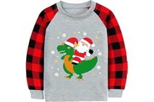 CM-KID Christmas Shirt for Toddler Boys Santa Dino Reindeer Buffalo Red Plaid Long Sleeve Tshirt Tops for Kids 2-7 Years