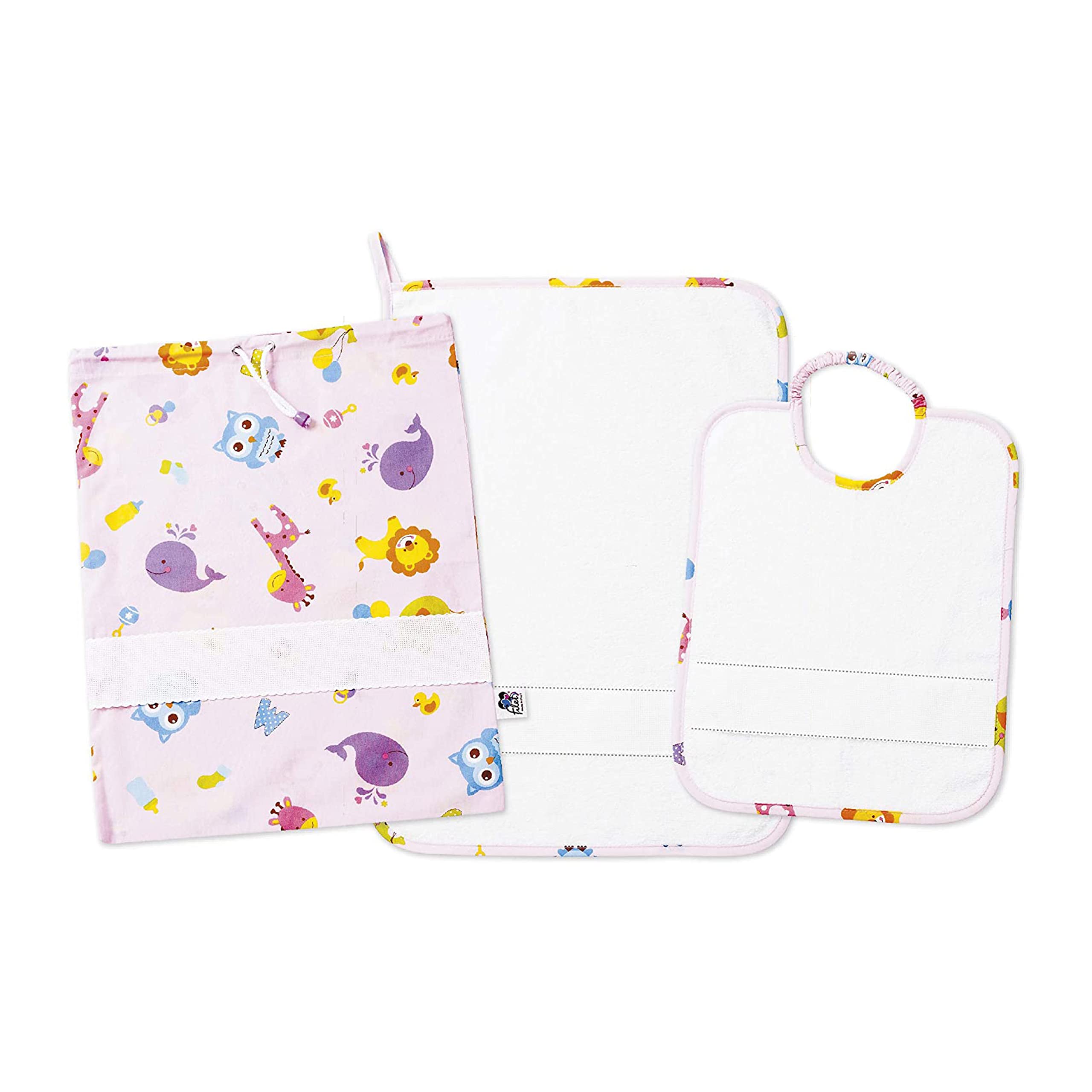 FILET - Three-Piece Nursery Set with Aida Fabric to Embroider, consisting of a Bag, Towel and Bib in White Terry Cloth, 100% Cotton, Made in Italy, Letters and Animals Pattern, Pink Background