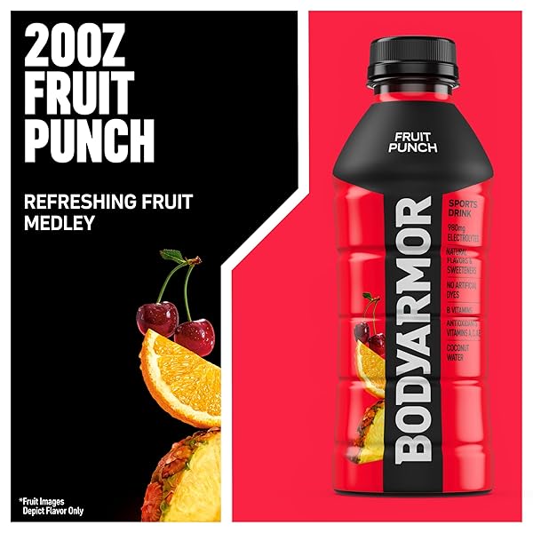 BODYARMOR SPORTS DRINK SPORTS BEVERAGE, FRUIT PUNCH, COCONUT WATER HYDRATION, NATURAL FLAVORS WITH VITAMINS, POTASSIUM-PACKED ELECTROLYTES, PERFECT FOR ATHLETES, 20 FL OZ (PACK OF 6)