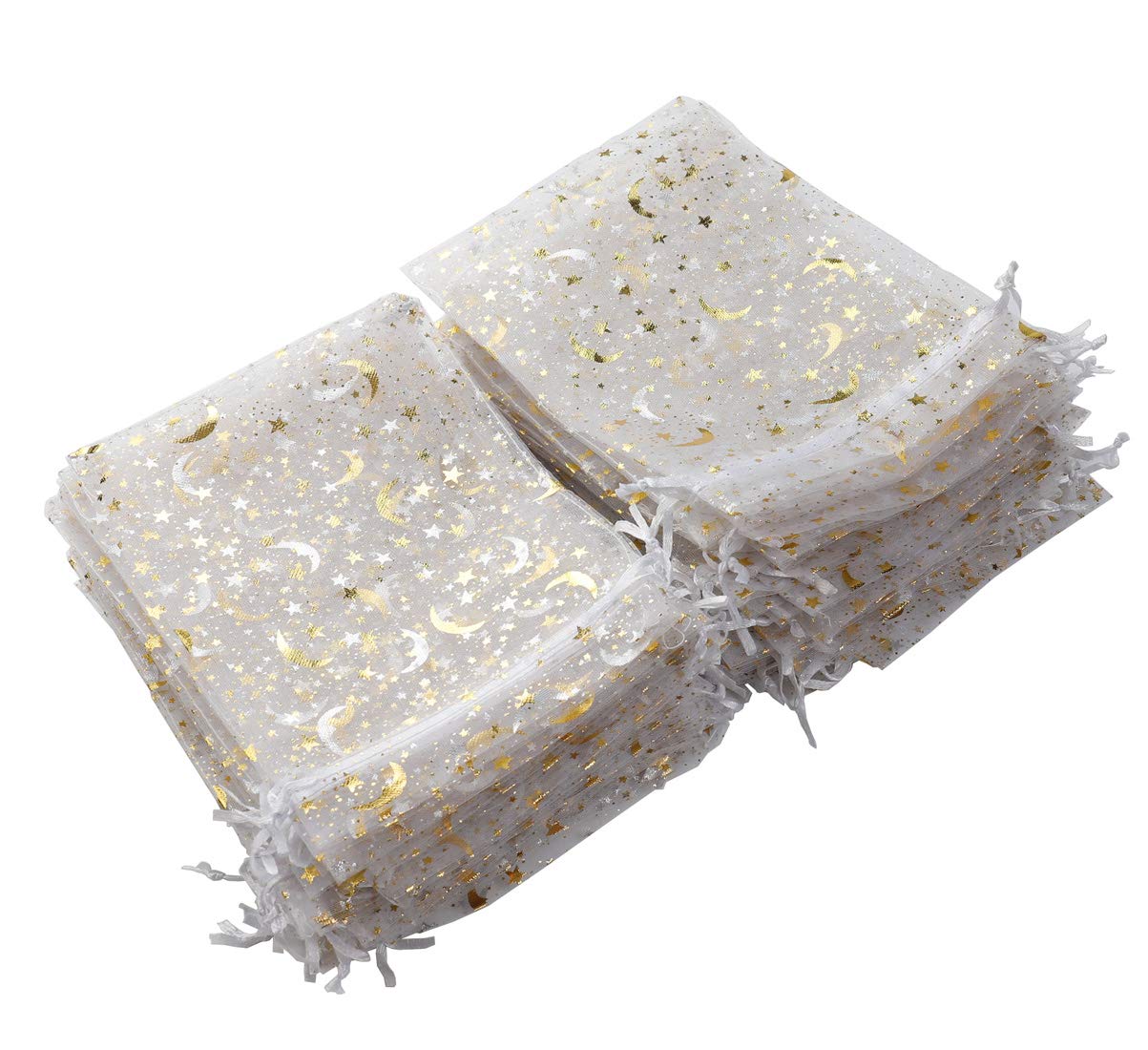 SUNGULF 100Pcs Sheer Drawstring Organza Bags Stars and Moon Wedding Party Favor Jewelry Candy Gift Pouches (5x7 inch, White)
