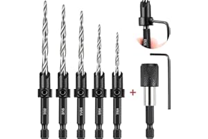 Hohean 5 pc Countersink Drill Bit Set, with Quick Replacement Bit Holder, #4, #6, #8, #10, #12 Screws, 1/4 Hex Shank, Hex Wrench, Adjustable Tapered Drill Bit for Woodworking, M2 Drill Bits