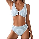 SOLY HUX Women's Striped Bathing Suit V Neck High Waisted Bikini Sets Two Piece Swimsuit