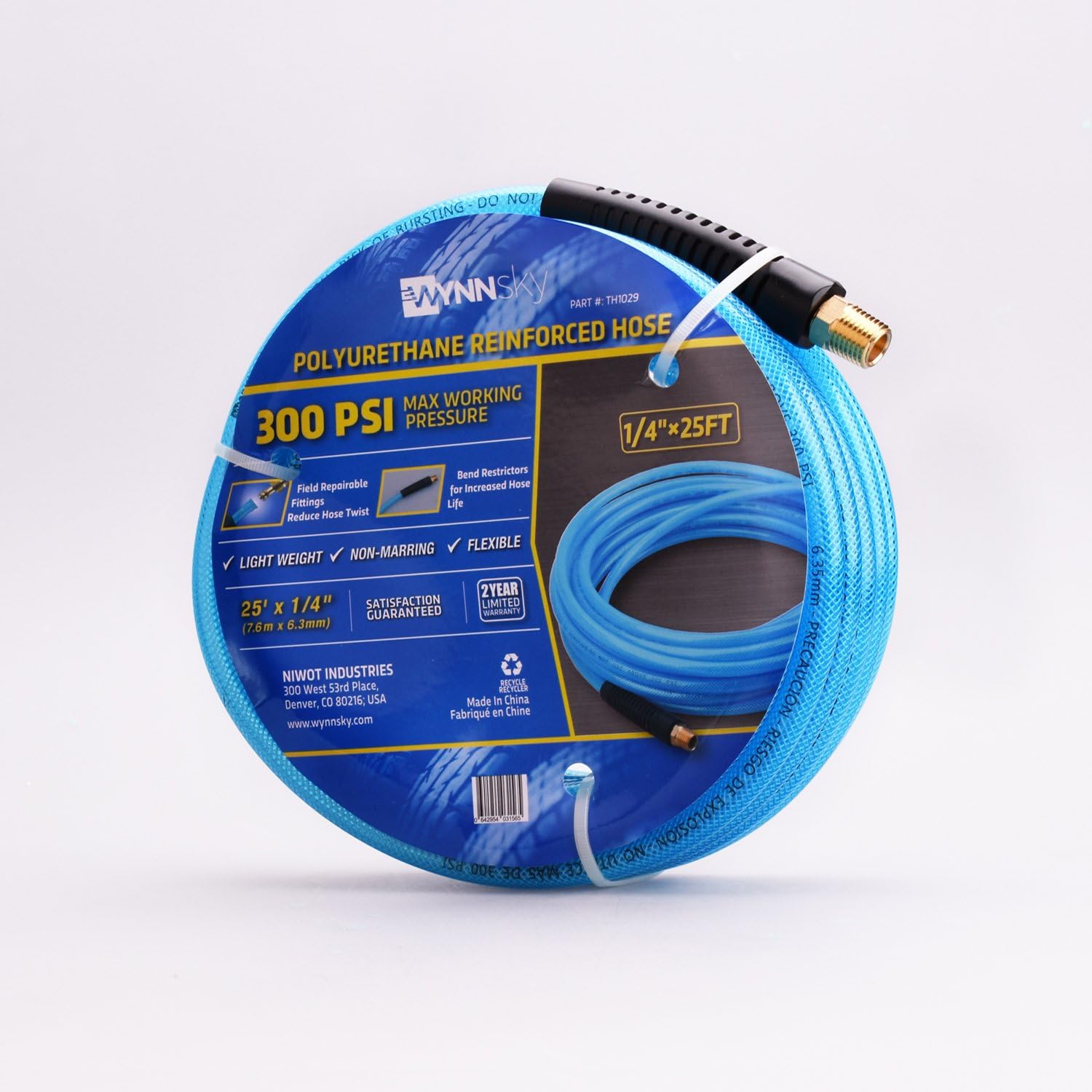 WYNNsky 1/4 inch x 25 feet Reinforced Polyurethane (PU) Air Hose, 300 PSI, Air Compressor PU Hose With 1/4" MNPT Brass Endings - - 
