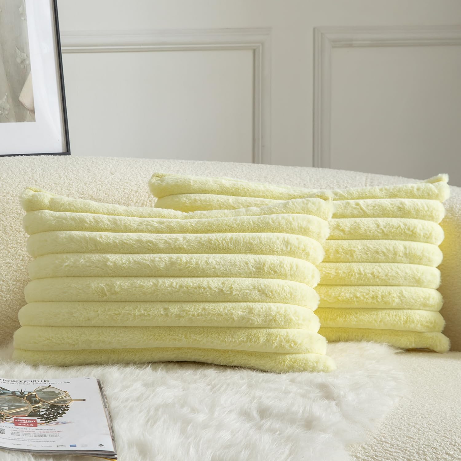 Mandioo Pack of 2 Decorative Cushion Covers 30cm x 50cm Faux Fur Striped Plush Soft Throw Pillow Covers Pillow Cases Bedroom Living Room Sofa Home 12x20 Inch Yellow