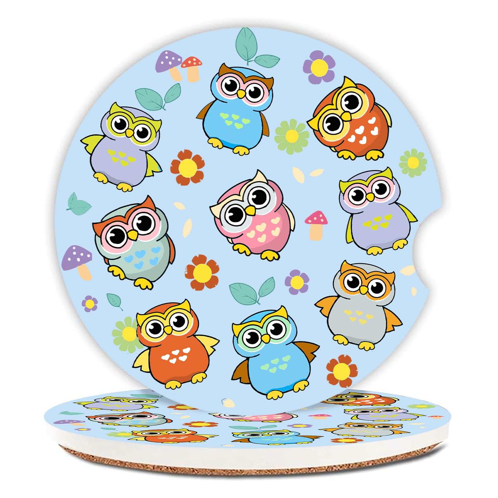 Photo 1 of 2 Pack Ceramic Cup Holders,Cute Owl Pattern Car Coasters Set for Women/Men,2.56" Cup Car Holder Coasters,with A Finger Notch,2.56" Ceramic Stone & Cork Base Drink Coasters.