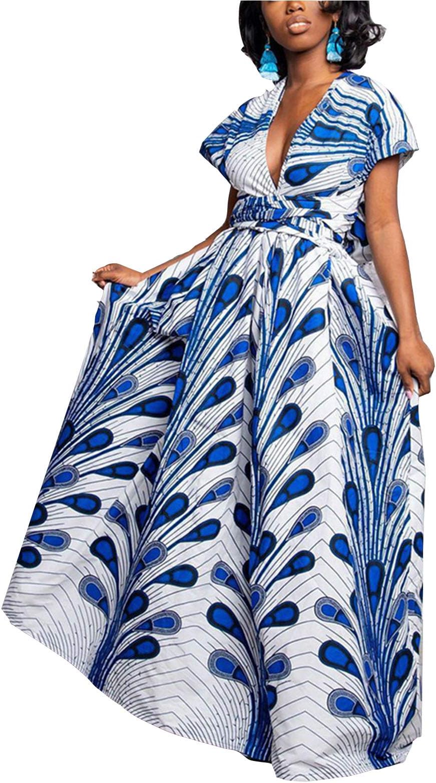 FEIYOUNG Women's Sexy Dashiki Floral Printed Side Slit Long Maxi Dresses Bohemian High Waist Vestidos