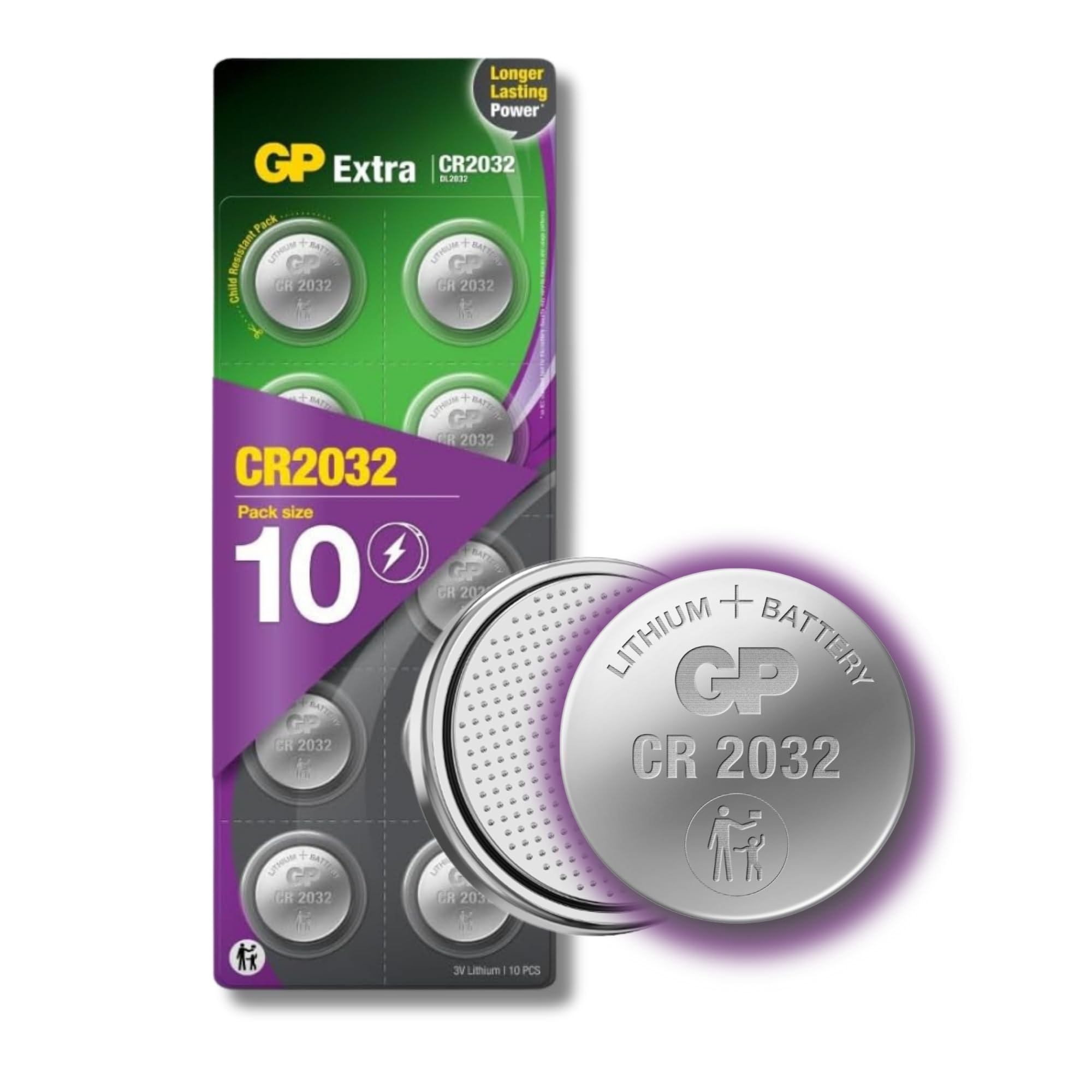 GP Extra CR2032 Batteries 3V Lithium Coin Battery – Pack of 10 – Long Lasting Button Cell Battery for Car Key Fob, AirTag, Scales, Remotes & Toys – Child-Safe Packaging – Replaces DL2032 ECR2032