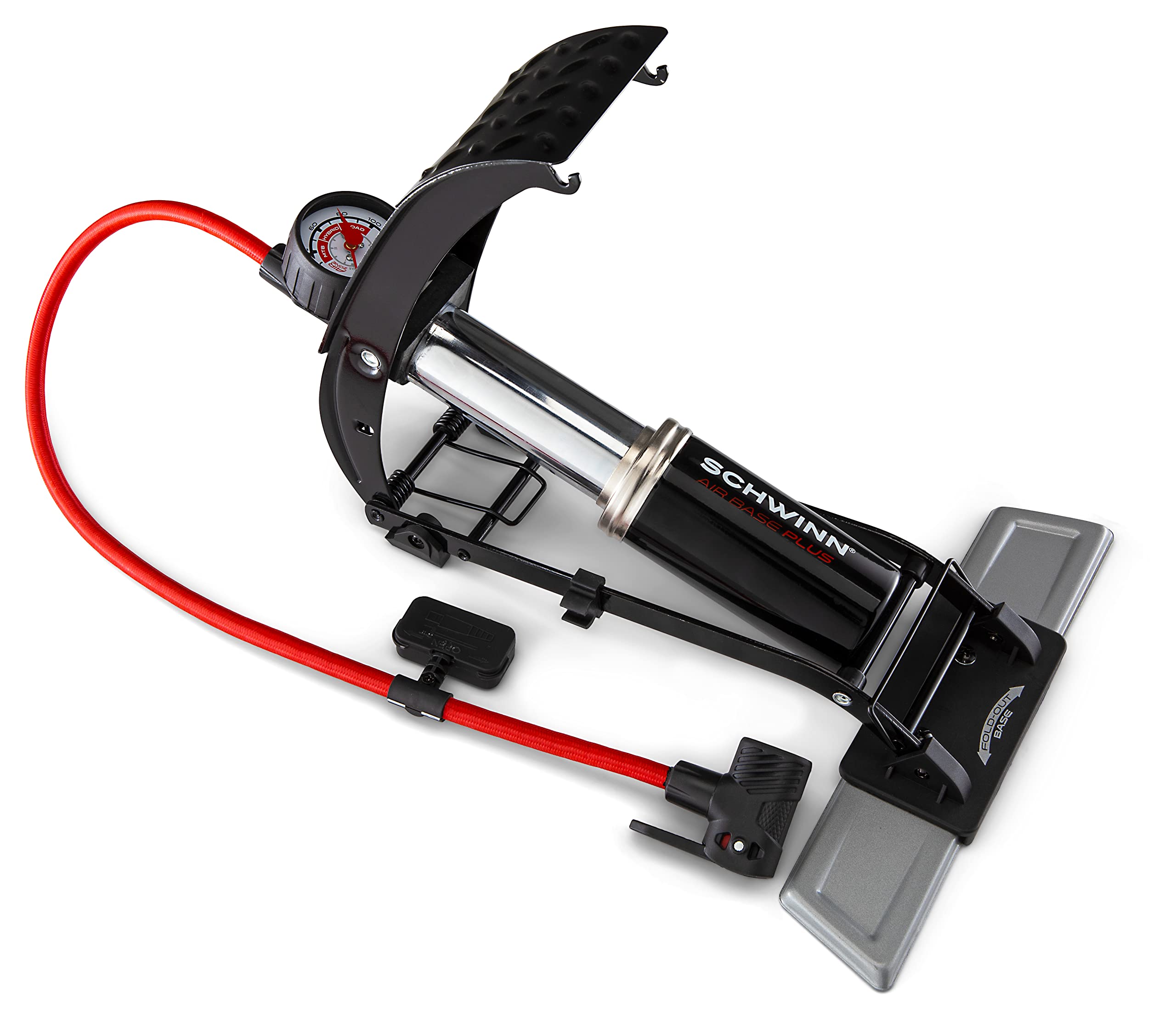 Photo 1 of Schwinn Air Base Plus Foot Pump, Air Zone Pressure Gauge, High Pressure Foot Pump, Dual Head Nozzle Fits Both Schrader and Presta Valves, Max of 120 PSI, Black