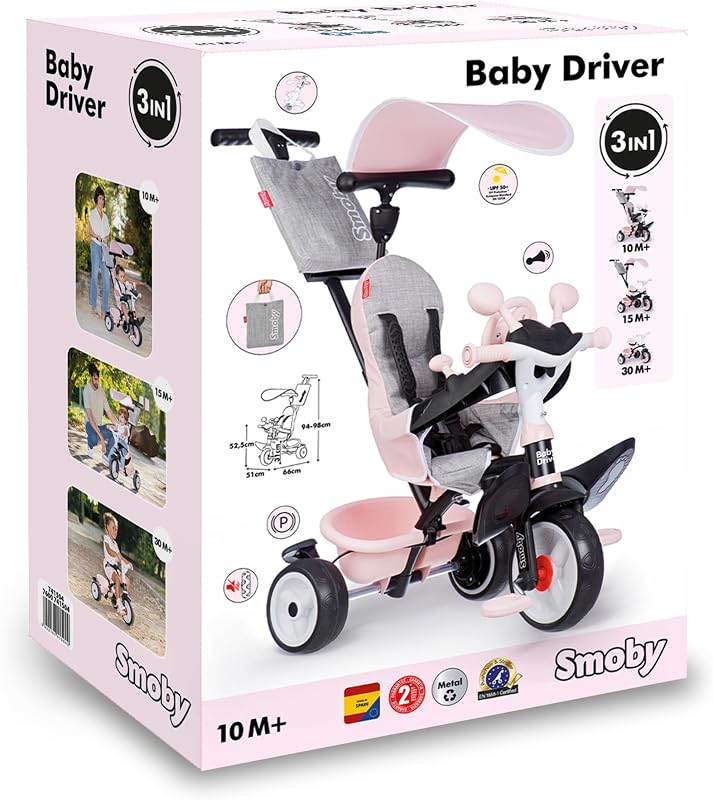 Triciclo Baby Driver Confort Rosa 3 en 1 Progresivo para Niños a Partir de 10 Meses, con Parasol Anti-UV, Volante con Claxon y Ruedas Silenciosas (7600741504)