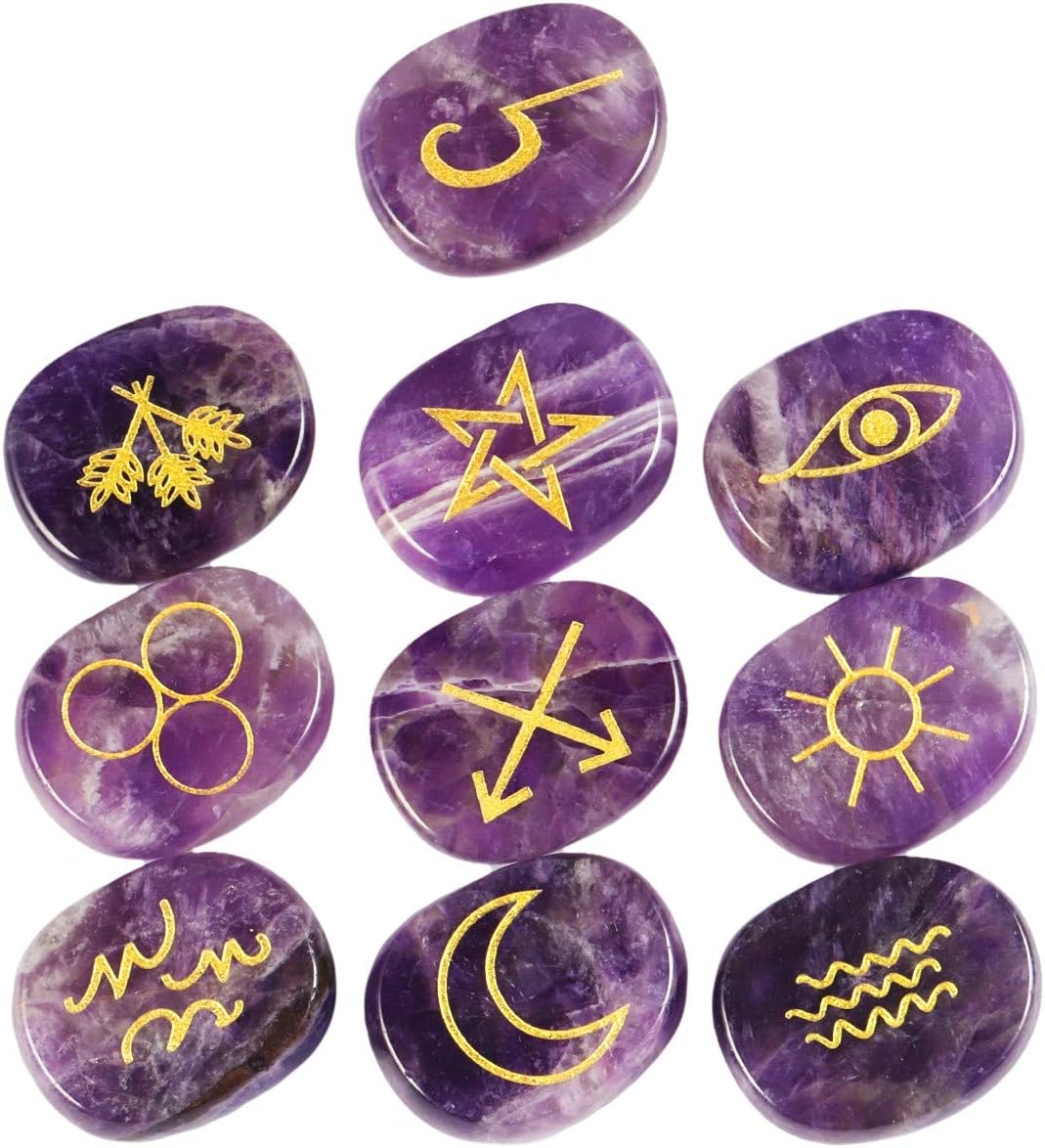 mookaitedecor Amethyst Witches Runes Set,Healing Crystal Palm Stone Engraved Gypsy Symbol for Meditation Divination