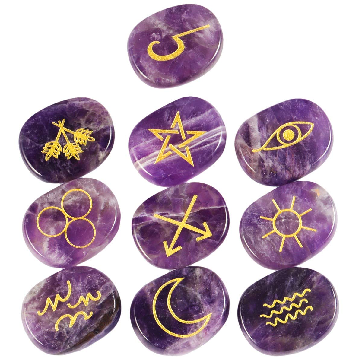 mookaitedecor Amethyst Witches Runes Set,Healing Crystal Palm Stone Engraved Gypsy Symbol for Meditation Divination