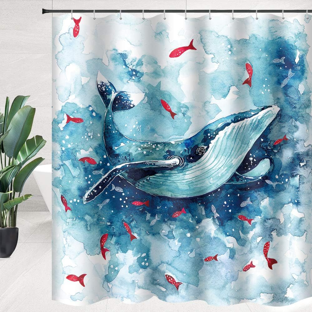 Amazon Com Dmtty Cartoon Whale Shower Curtain Ocean Decor Red Fish Blue Whale Bathroom Curtain Fabric Bathroom Accessories Polyester With Hooks Home Kitchen