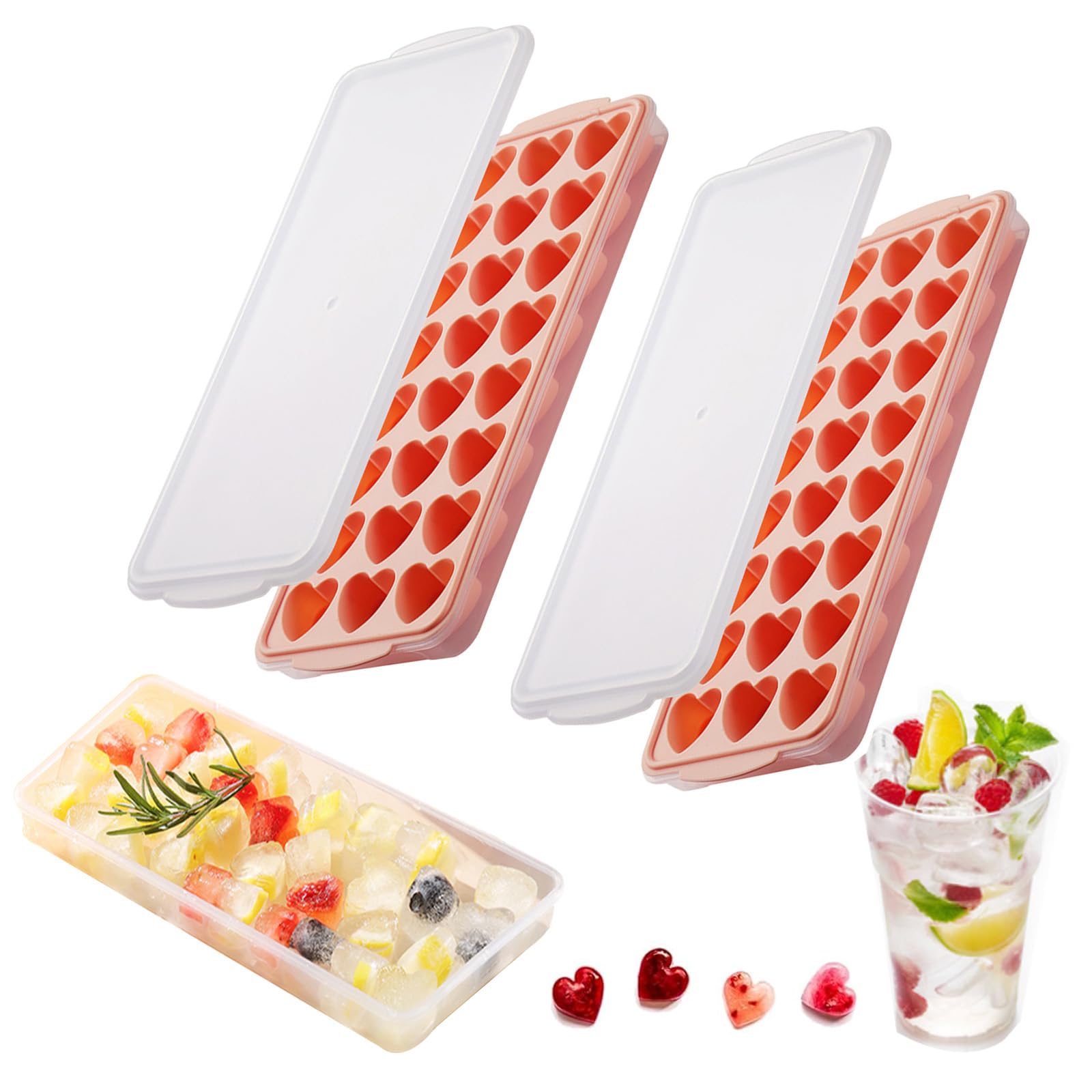 Photo 1 of 2 Pack Heart-Shaped Ice Cube Trays with lid and bin - 48 Holes Silicone Mini Heart Ice Cube Tray, BPA Free and Dishwasher Safe, Heart Shape Ice Cube Mold, Easy to Remove (2 pink with Lids & Bins)