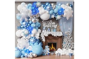 HEUKIKT 140Pcs Ice Snow Balloons Garland Arch Kit, Blue Silver White Latex Balloon with Transparent Snowflake Foil Balloon for Winter Wonderland Christmas Snowflake Holiday Birthday Party Decor
