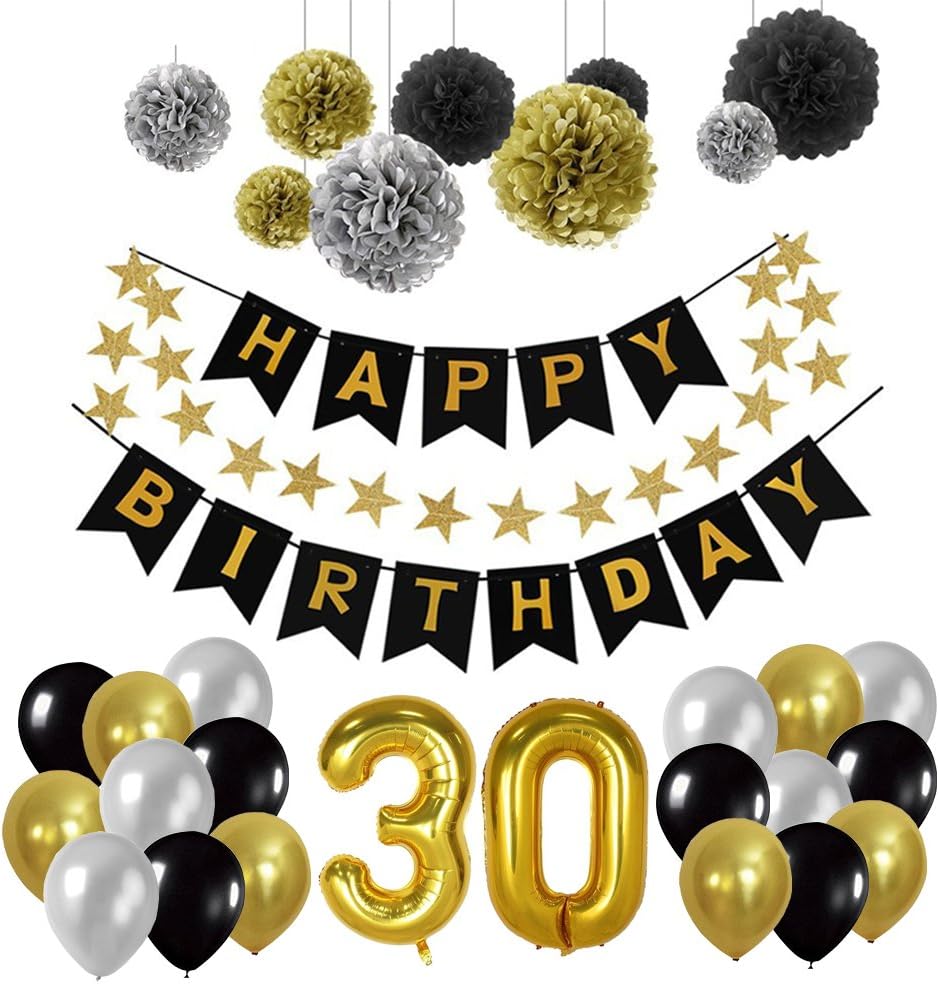 Toupons 30e Kit De Decorations De Fete D Anniversaire Or Nombre 30 Ballons 30pcs Noir Argent Et Or Ballon De Latex 9pcs Pompons De Papier De Soie Amazon Fr Jeux Et Jouets