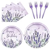 96Pcs Purple Party Supplies Lavender Paper Plates Napkins Watercolor Blooming Floral Cake Dessert Butterfly Birthday Floral Tableware for Birthday Wedding Picnic Baby Shower Decorations | 24 Guests