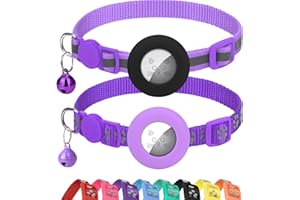 Erbine 2 Pack Airtag Cat Collars, Reflective Cat Collar with Silicone Airtag Holder and Bell, Breakaway Cat Collars with Round Safety Buckle for Boy and Girl Cats, Adjustable for 7.5-12.5", Purple