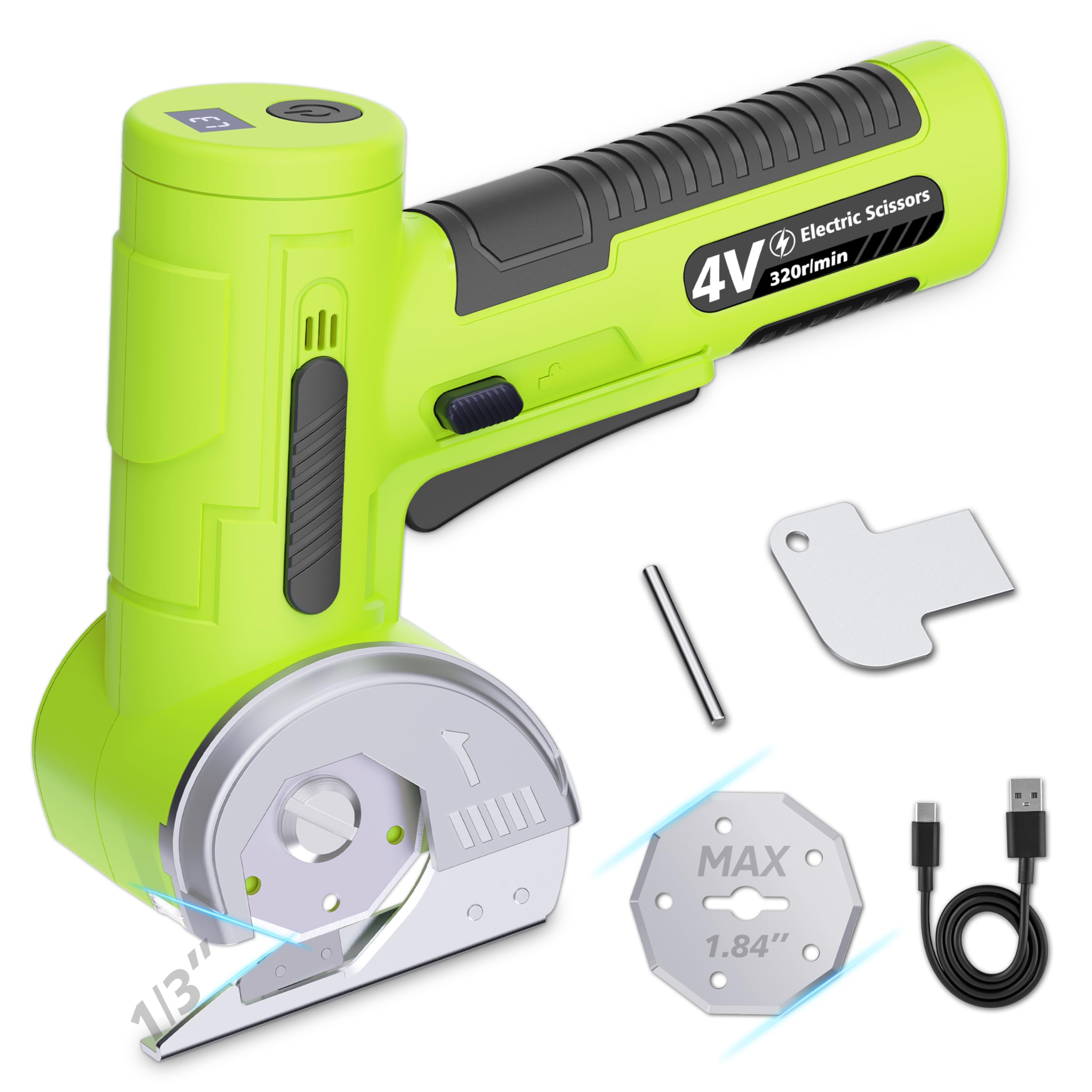 Photo 1 of 2026 Upgrade Cordless Electric Scissors, Oversized Tungsten Steel Blade & Wider Opening, 1/3" Max Cut, 320RPM?Dual-Side Safety Lock, 3-Speed & LED Display, Powerful Rotary Cutter for Cardboard - Green