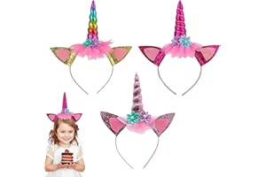 3Pcs Unicorn Headband, Glitter Ears, Floral Accents, Rainbow Horns, One Size Fits All, Ideal for Birthday Parties, Dress-Up