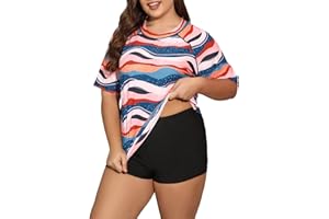 ALLTOKE Womens Two Piece Plus Size Short Sleeve Rash Guard Sets Modest Swim Shirts Top and Shorts UPF50+ Swimsuit