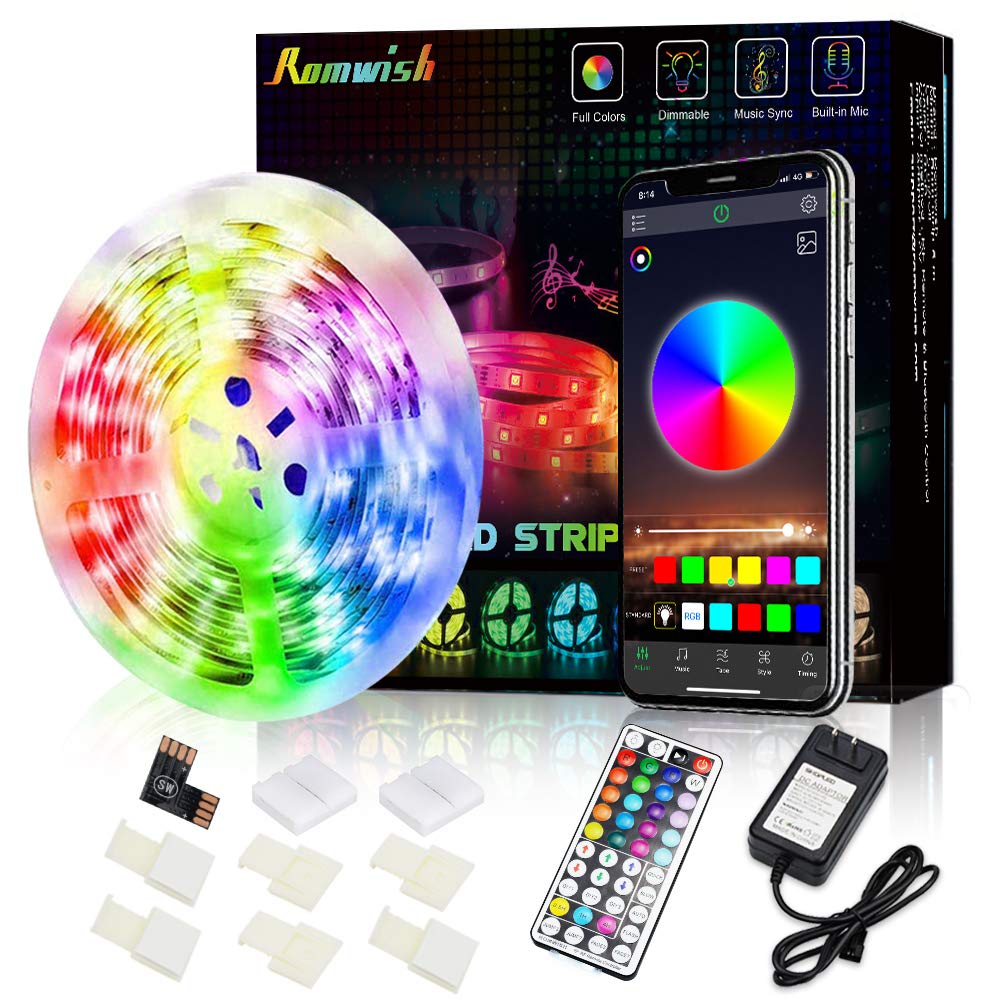 LED Strip Lights Bluetooth, 16.4ft Color Changing Flexible Tape Light, Black Board, 44 Keys RF Remote&App Controller, Light Sync Dance with Music, Timing Function for Bedroom, TV, Party, Home Decora