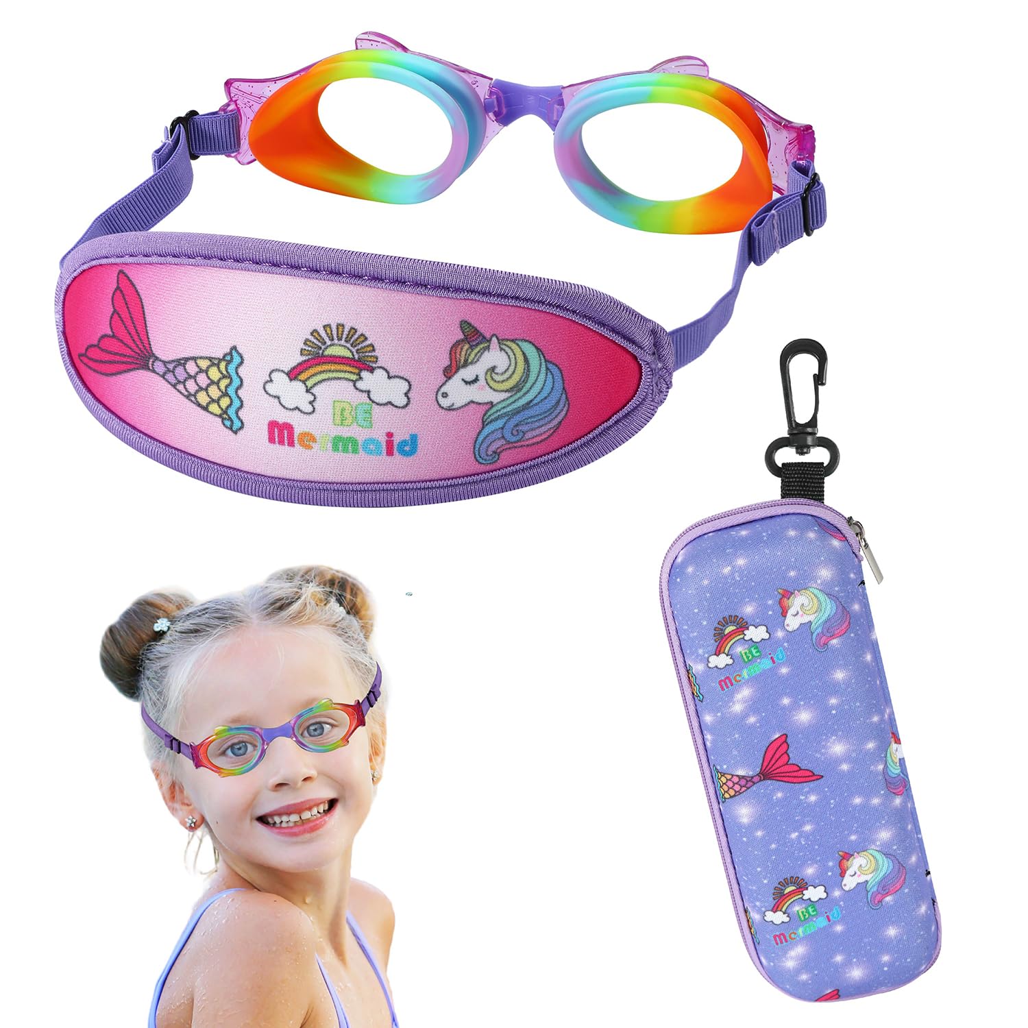 RUIGAO Kids Swimming Goggles Fabric Strap Age 4-7, Toddler Goggles No Hair Pull Bungee Strap/UV Protection/Anti Fog (1PK - Purple Mermaid)