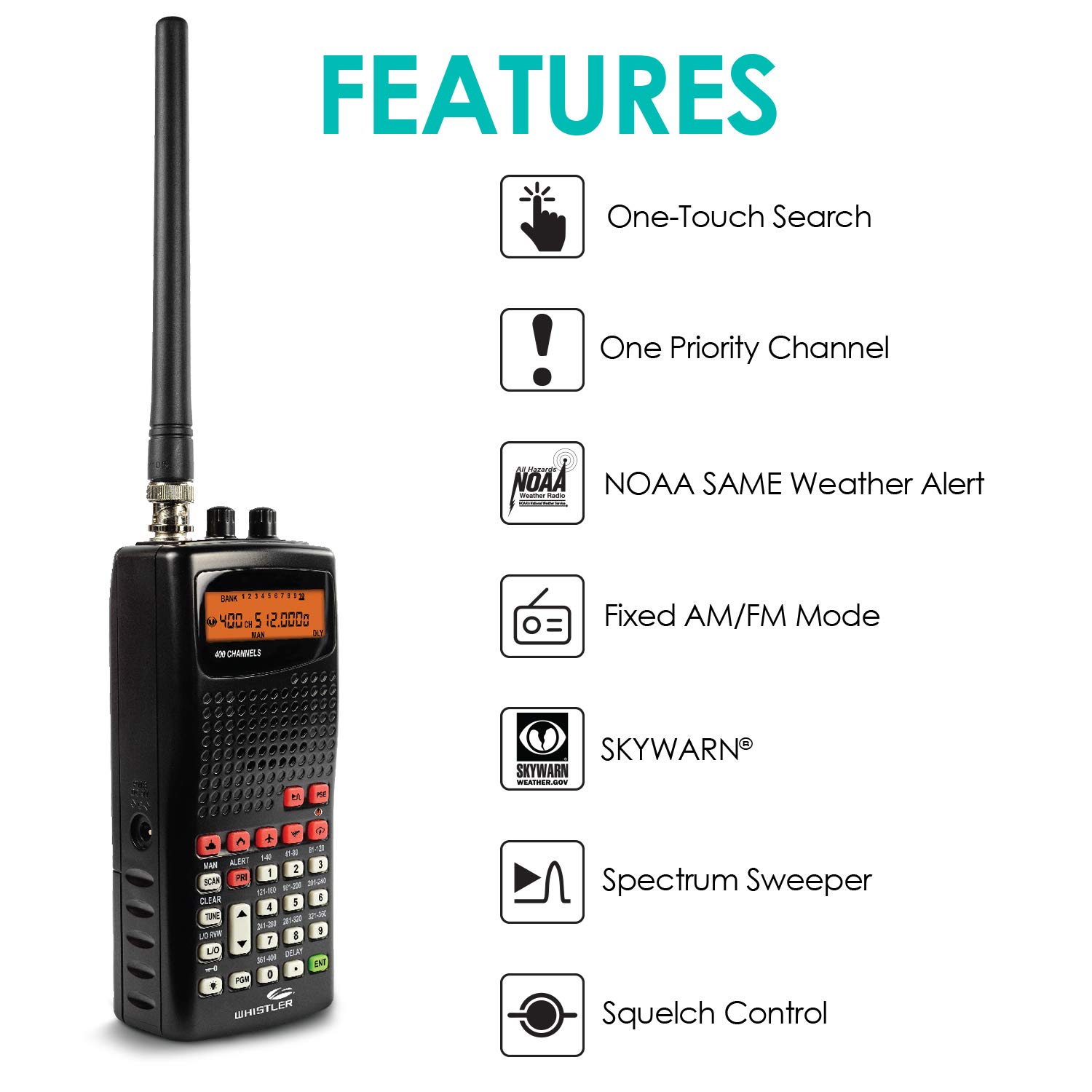 Whistler WS1010 Analog Handheld Scanner – 400 Channels, Skywarn, Same Weather Alerts, Spectrum Sweeper, PC Programmable, Service Banks for Police, Fire, Marine, Air & Ham – Black