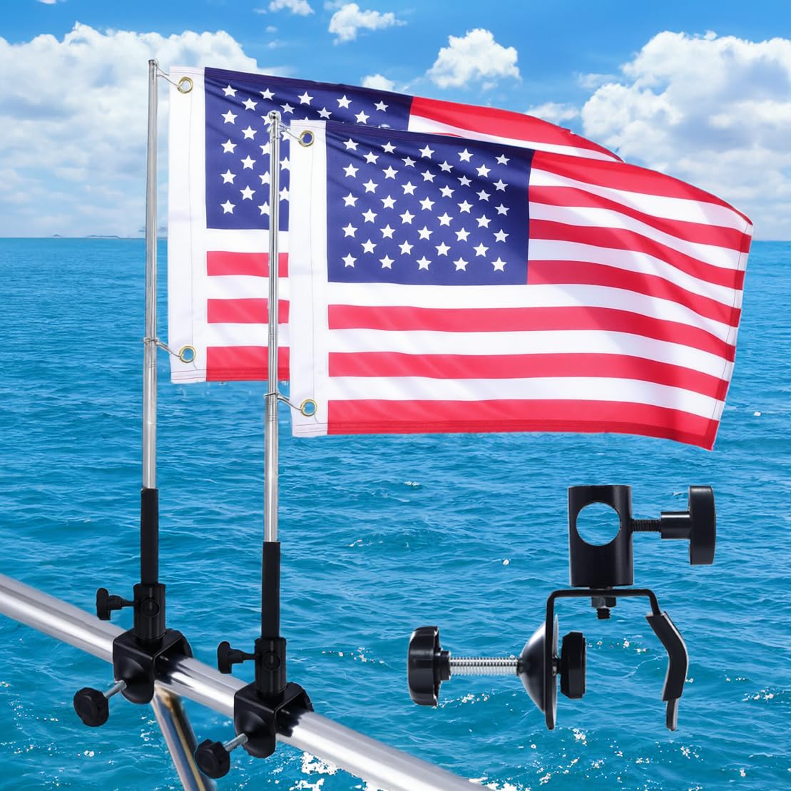 Photo 1 of 2 PCS Boat Flag Pole Kit,12''x18'' Pontoon Boat American Flags, 48inch Telescopic Pole? US Flag Holder for 0.5"-1.33" Round/Square Rails