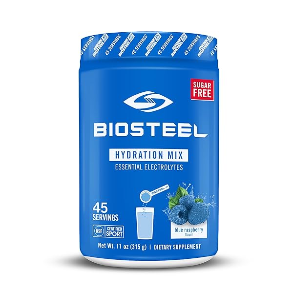 BIOSTEEL ZERO SUGAR HYDRATION MIX, GREAT TASTING HYDRATION WITH 5 ESSENTIAL ELECTROLYTES, BLUE RASPBERRY FLAVOR, 45 SERVINGS PER TUB