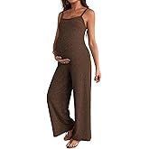 BLENCOT Maternity Ribbed Jumpsuit Sleeveless Square Neck Wide Leg Stretchy One Piece Romper