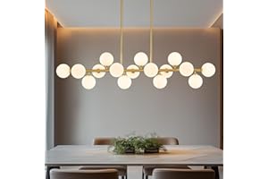 PiWWPi 55" Long Brass Gold Chandeliers for Dining Room Kitchen Island, Large Globe Sputnik Linear Chandelier, 16 Lights Mid Century Modern Light Fixture Over Table, Milk White Bubble, GC-08