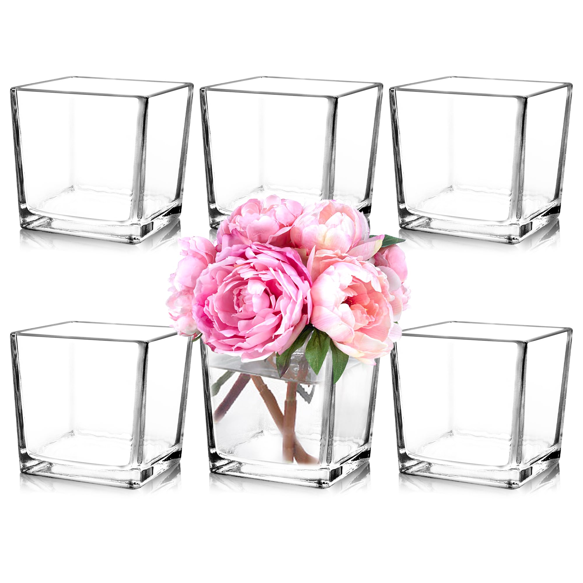 Photo 1 of Comrzor Set of 6 Square Glass Vases 5" x5" x 5", Clear Flower Vases for Centerpieces, Candle Holder for Wedding Party Events, Home Décor