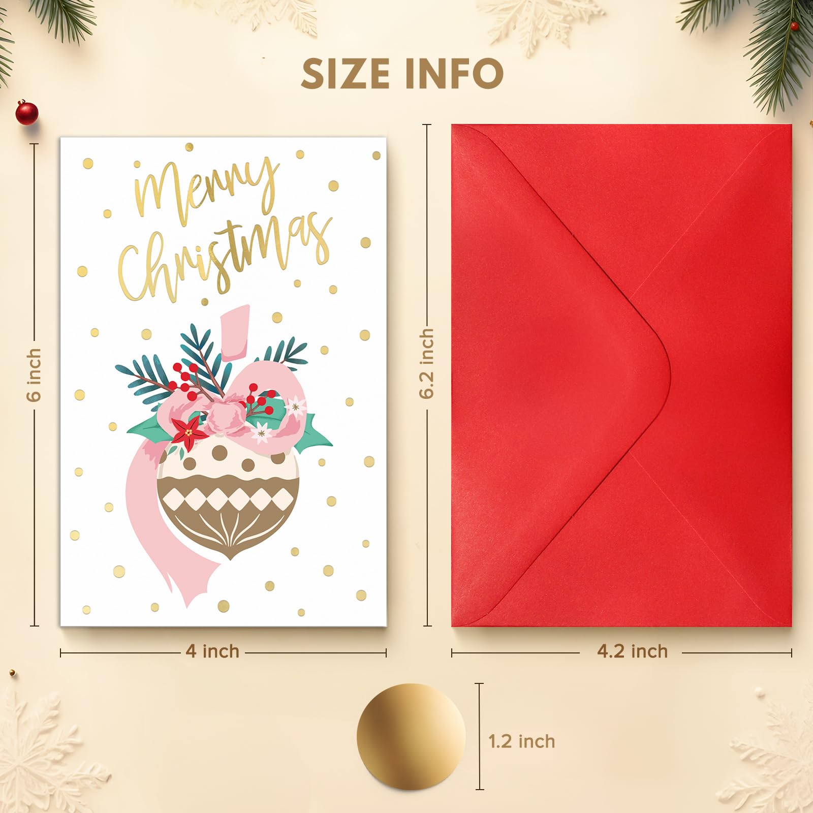 BGTCARDS 24 Pack Gold Foil Christmas Cards with Envelopes and Inside Messages 6 Assorted Designs Christmas Cards Bulk for Friends, Family, Kids, Boys, Girls.