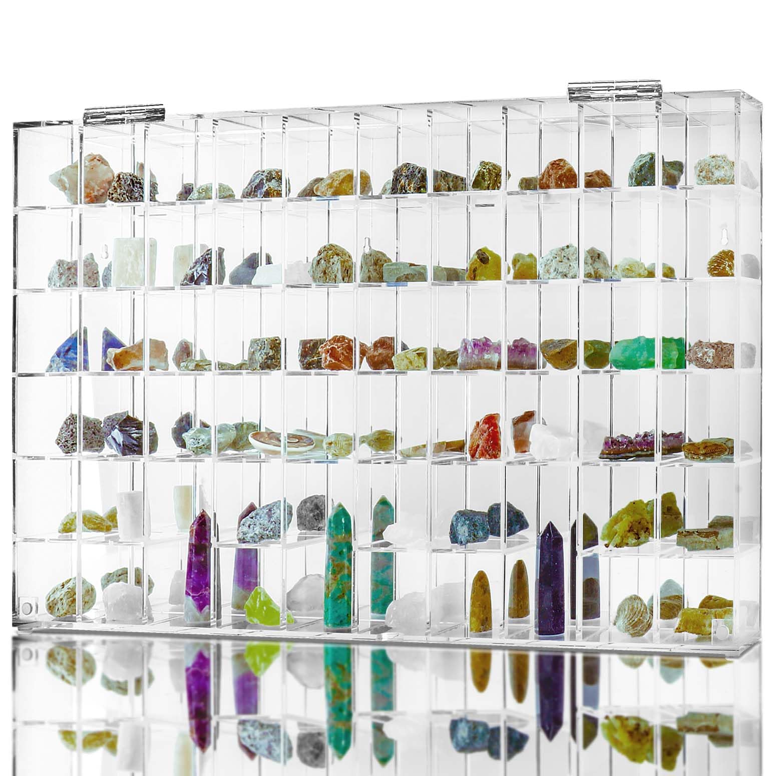 Photo 1 of Adjustable Seashell Display Case Box Large Rock Fossil Arrowhead Display Case Crystal Organizer Clear Wall Mounted & Desktop 60 Room Shadow Box for Mini Pop Figure, Collectibles, with Mirrored & Lid…