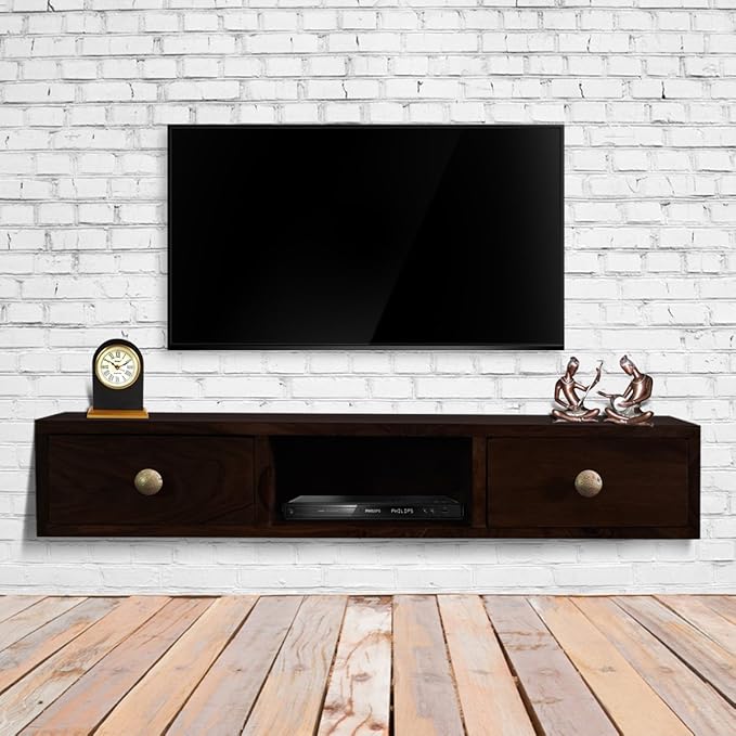 Furnituregully Sheesham Wood Wall Mounted Shelf With 2 Drawer TV