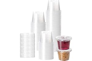 HOMIP 100Pack 1oz Disposable Plastic Portion Cups with Lids, Small Mini Sauce Cups for Portion Control, Salad Dressing Cups, Airtight and Stackable Condiment Cups for Party, Holiday and Daily Use